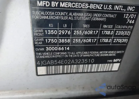 2002 Mercedes-Benz Ml 320 from USA, damaged, VIN 4JGAB54E02A323510
